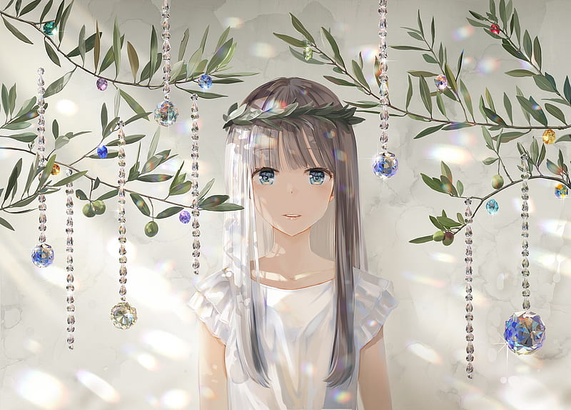 pretty anime girl, diamond, headdress, white dress, long hair, Anime, HD wallpaper