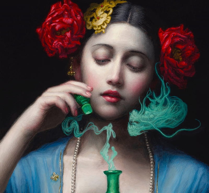 :), frumusete, art, asian, peony, gorgeous, girl, bottle, chie yoshii, superb, flower, green, red, face, dragon, perfume, HD wallpaper