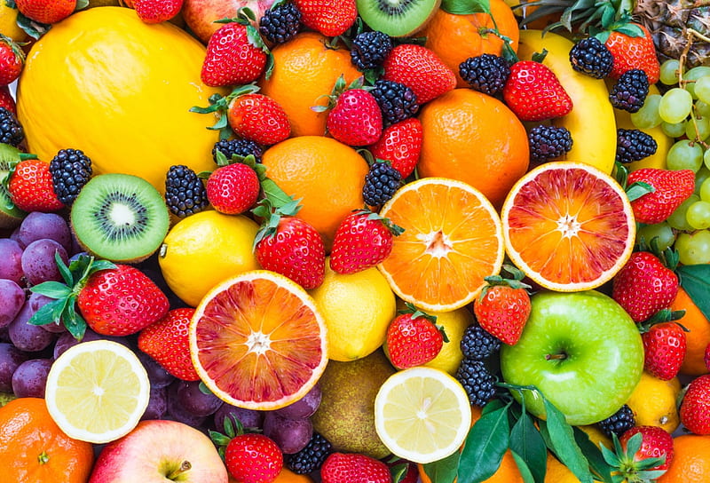 Colorful Fruits, apple, strawberry, orange, mandarines, food, blackberry, kiwi, fruits, lemon, fruit, grape, citrus, HD wallpaper