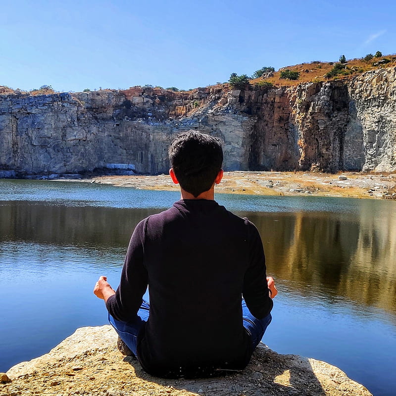 Meditation, blue, calm, hill, mountain, nature, peace, rock, rocks, water, HD phone wallpaper
