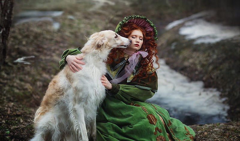 Beauty with dog, girl, green, model, cainea, woman, kareva margarita, dog, HD wallpaper