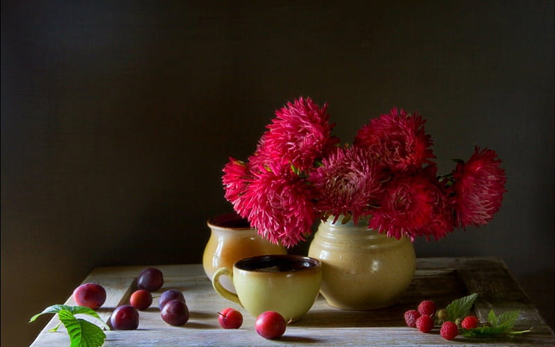 Still life, flowers, fruits, jars, HD wallpaper