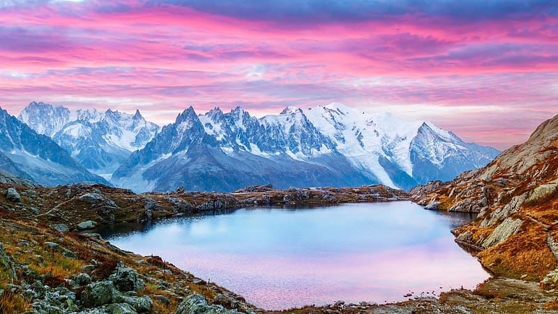 Sunset Cheserys lakes Chamonix Mont Blanc France Bing, HD wallpaper