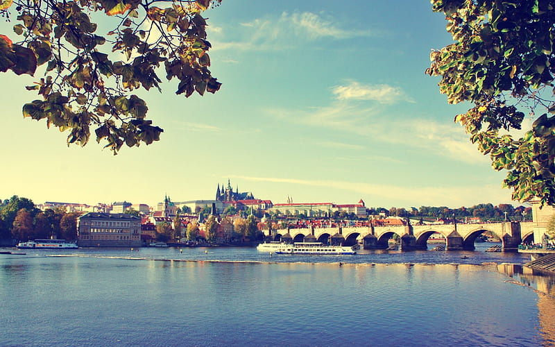 Prague, architecture, trees, sky, clouds, city, medieval, czech republic, bridge, nature, river, HD wallpaper
