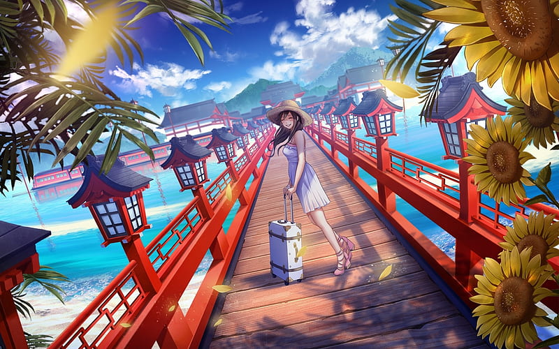 anime girl, bridge, trip, holiday, vacation, happy face, Anime, HD wallpaper