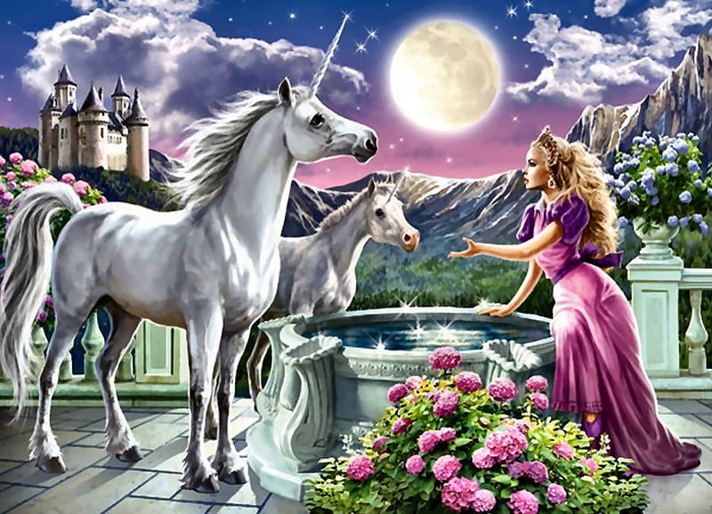 Princess and Her Unicorns, art, equine, bonito, unicorns, illustration, artwork, fantasy, painting, wide screen, HD wallpaper