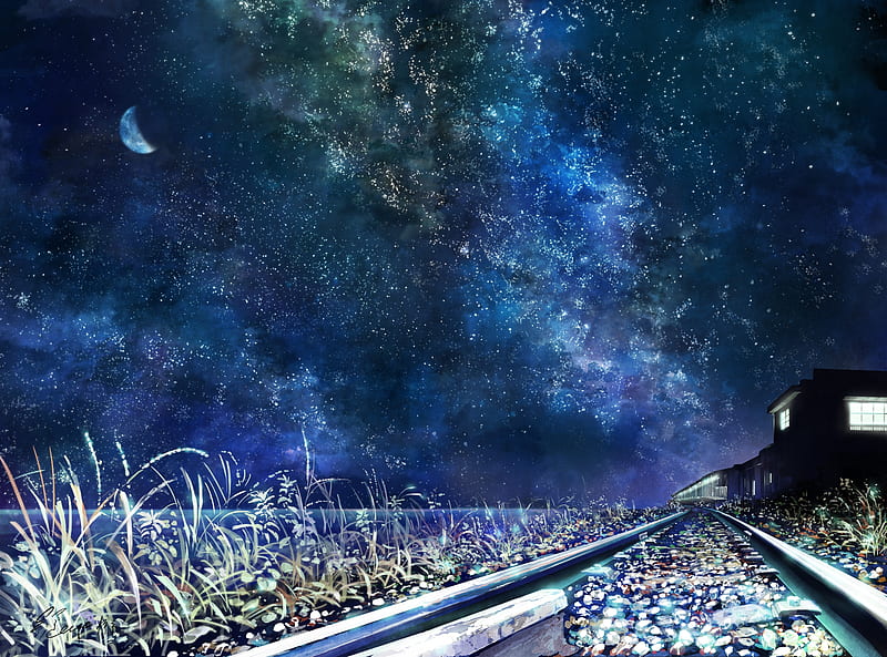 anime landscape, starry sky, moon, train station, railways, scenic, Anime, HD wallpaper