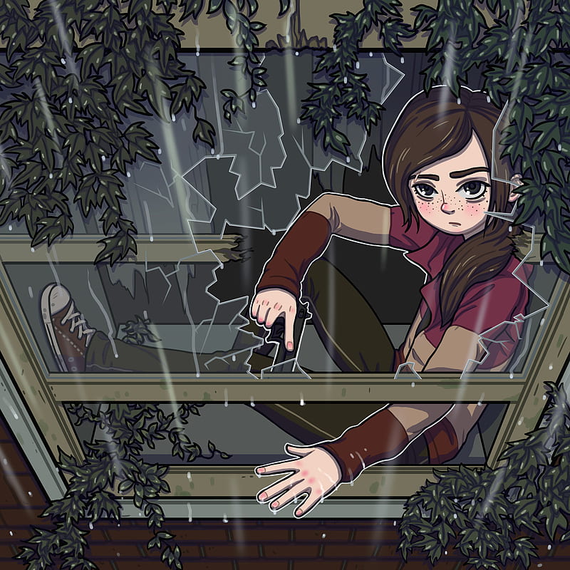 Danil Kosarev, brunette, ponytail, broken glass, sitting, digital painting, by the window, digital art, women, rain, fan art, leaves, video game girls, Handgun, Ellie Williams, The Last of Us, Ellie, artwork, freckles, large eyes, ArtStation, HD phone wallpaper