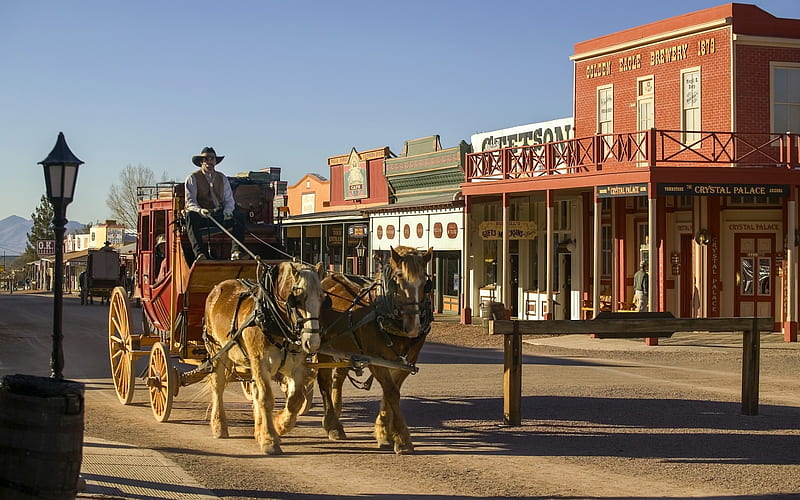 Tombstone Arizona, arizona, town, stage coach, wagon wheels, carriage, horses, tombstone, old west, cowboys, HD wallpaper