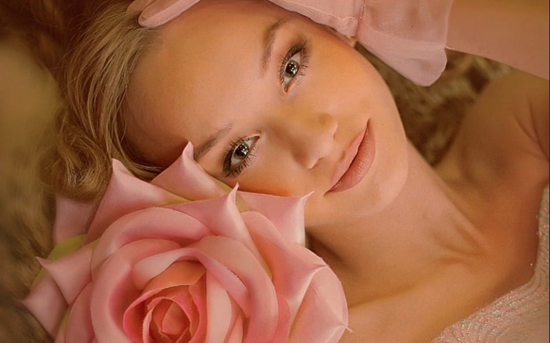 Tenderness, stare, rose, green eyes, bonito, lips, delicate, sweet, pink rose, gaze, petals, face, tender, eyes, HD wallpaper