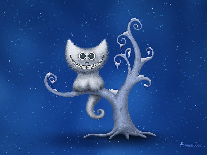 cheshire kitten christmas, tree, snow, kittens, blue, winter, cold, HD wallpaper