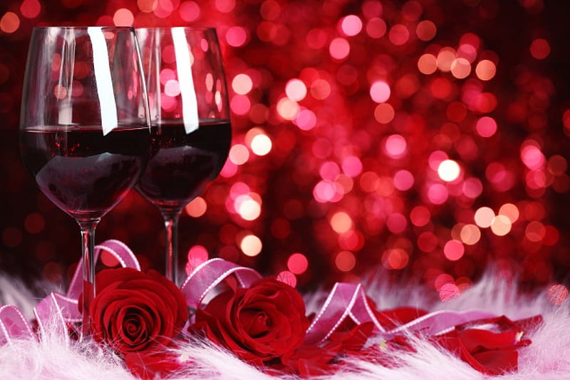 Romantic Night, Glasses, valentines, red, Wine, romantic, adorable, roses, sweet, moment, love, heart, passion, HD wallpaper