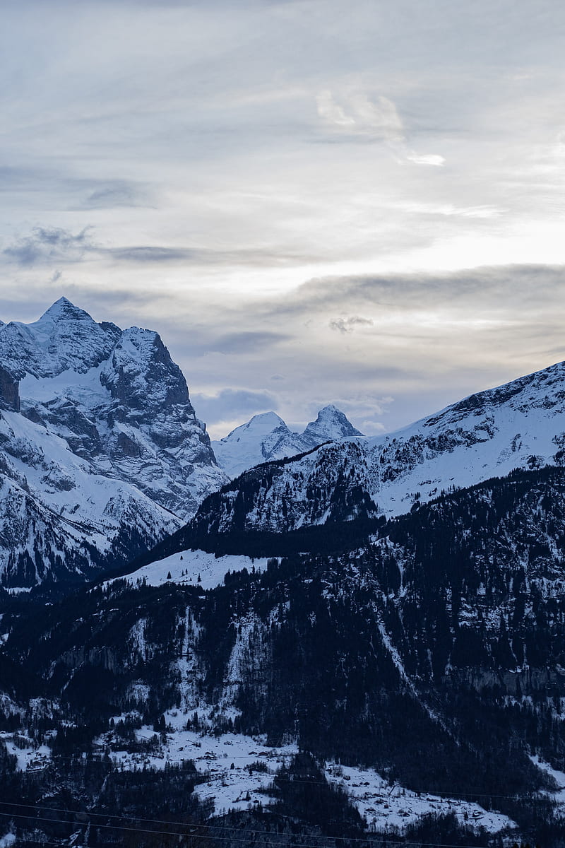 mountains, snow, dusk, winter, landscape, HD phone wallpaper