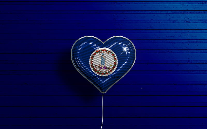 I Love Virginia realistic balloons, blue wooden background, United States of America, Virginia flag heart, flag of Virginia, balloon with flag, American states, Love Virginia, USA, HD wallpaper