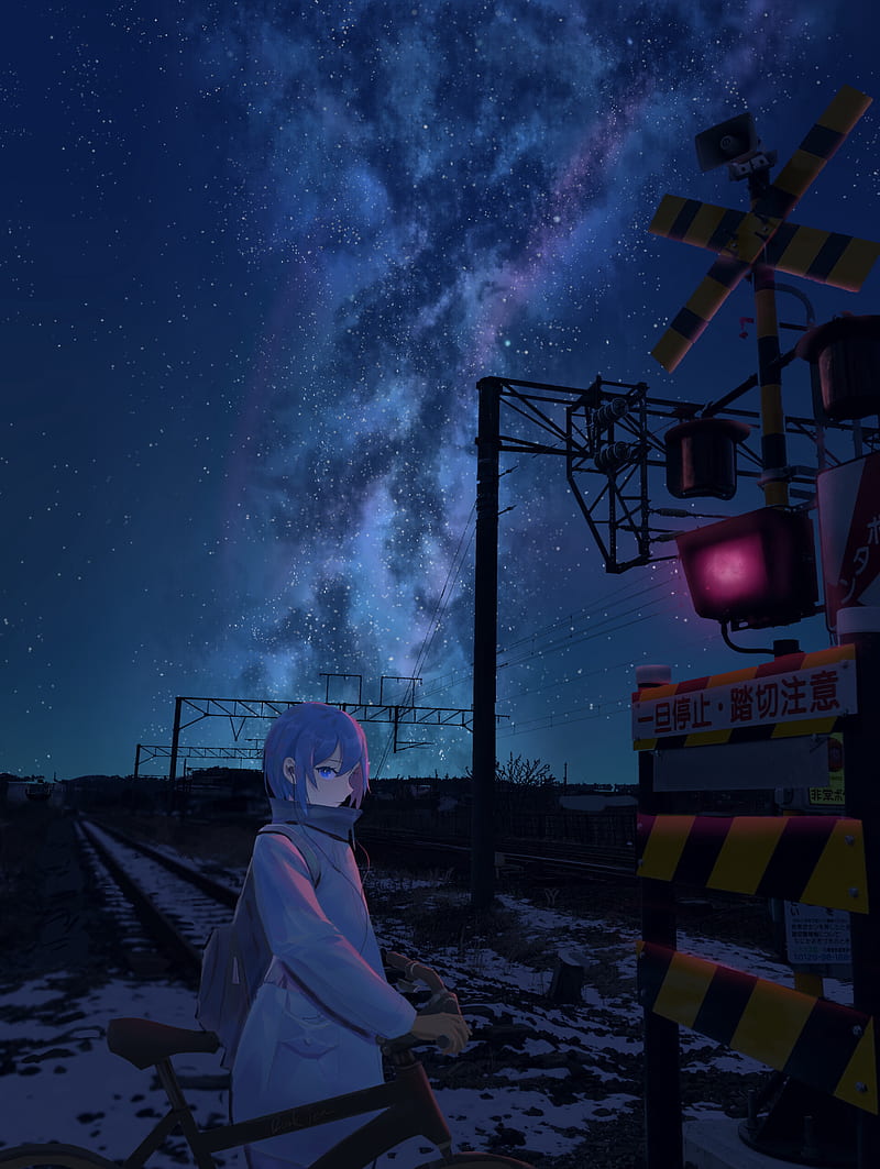 anime girl, stars, night, scenic, railway, earphones, Anime, HD phone wallpaper
