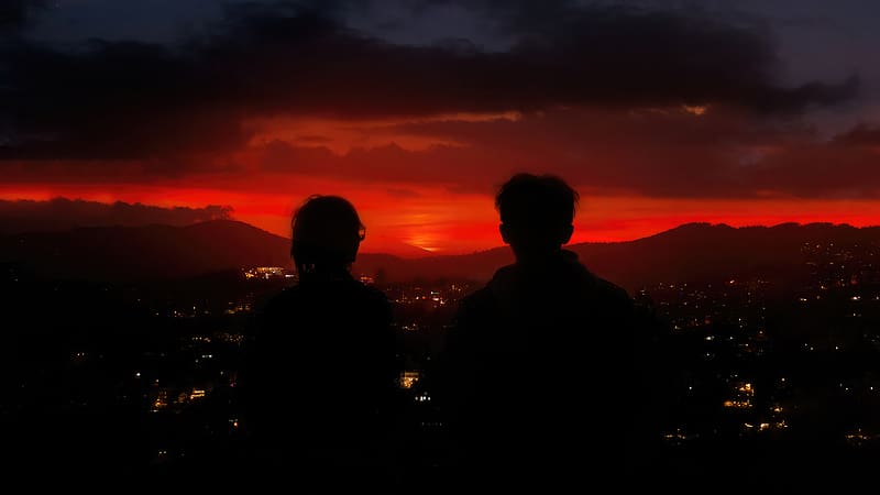 Couple Silhouette In Dark Sunset, couple, love, sunset, artist, artwork, digital-art, HD wallpaper