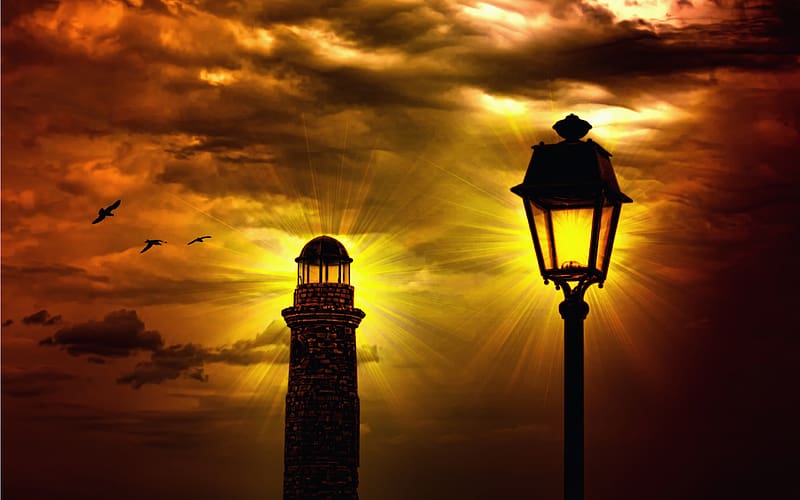 Sunset, Sky, Lighthouse, Lamp Post, , Street Light, HD wallpaper