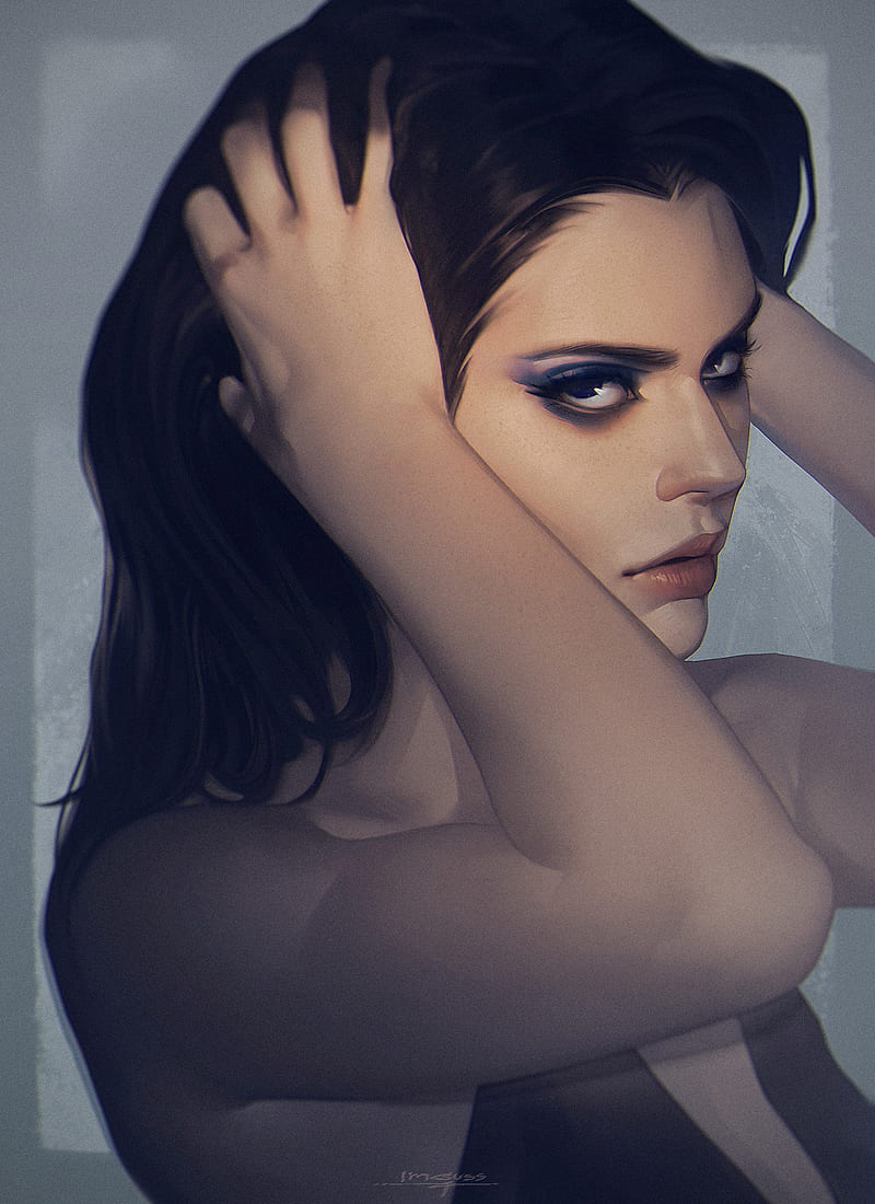 looking at viewer, Kendall Jenner, model, long hair, dark hair, artwork, digital painting, women, HD phone wallpaper
