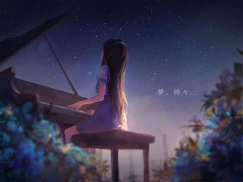 Anime girl, playing piano, scenic, back view, instrument, music, stars,  night, HD wallpaper | Peakpx