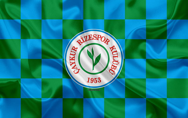 Caykur Rizespor logo, creative art, green blue checkered flag, Turkish football club, emblem, silk texture, Rize, Turkey, HD wallpaper