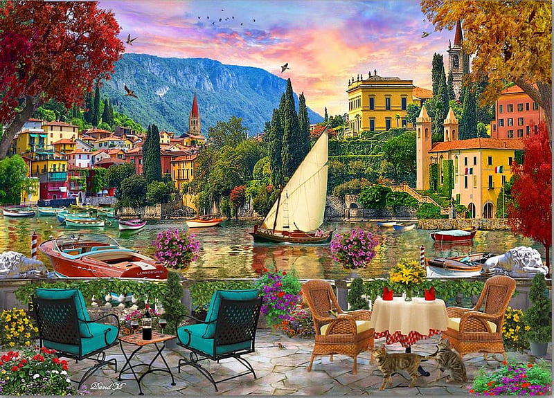 Al Fresco, Italy, houses, mountains, chairs, village, river, artwork, tables, sunset, boats, digital, HD wallpaper