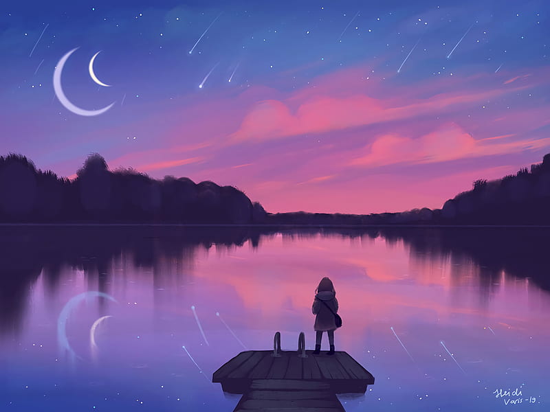 lake, pier, silhouette, night, loneliness, art, HD wallpaper