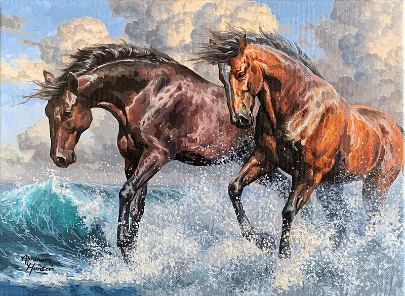 Running Wild, water, painting, clouds, sky, horses, animals, artwork, HD wallpaper