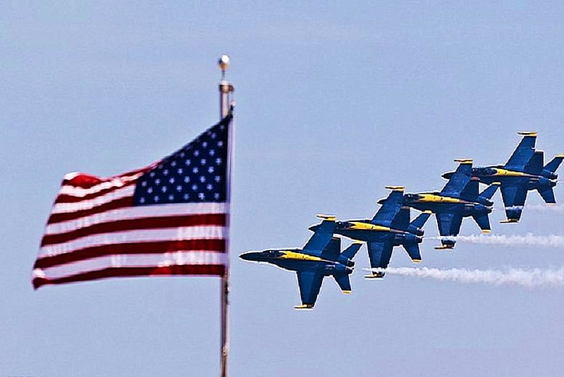 For us, jets, formation, flight, dom, red white and blue, america, yellow and blue, HD wallpaper