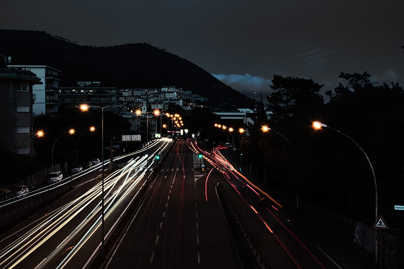 highway, city, night, long exposure, lights, traffic, HD wallpaper