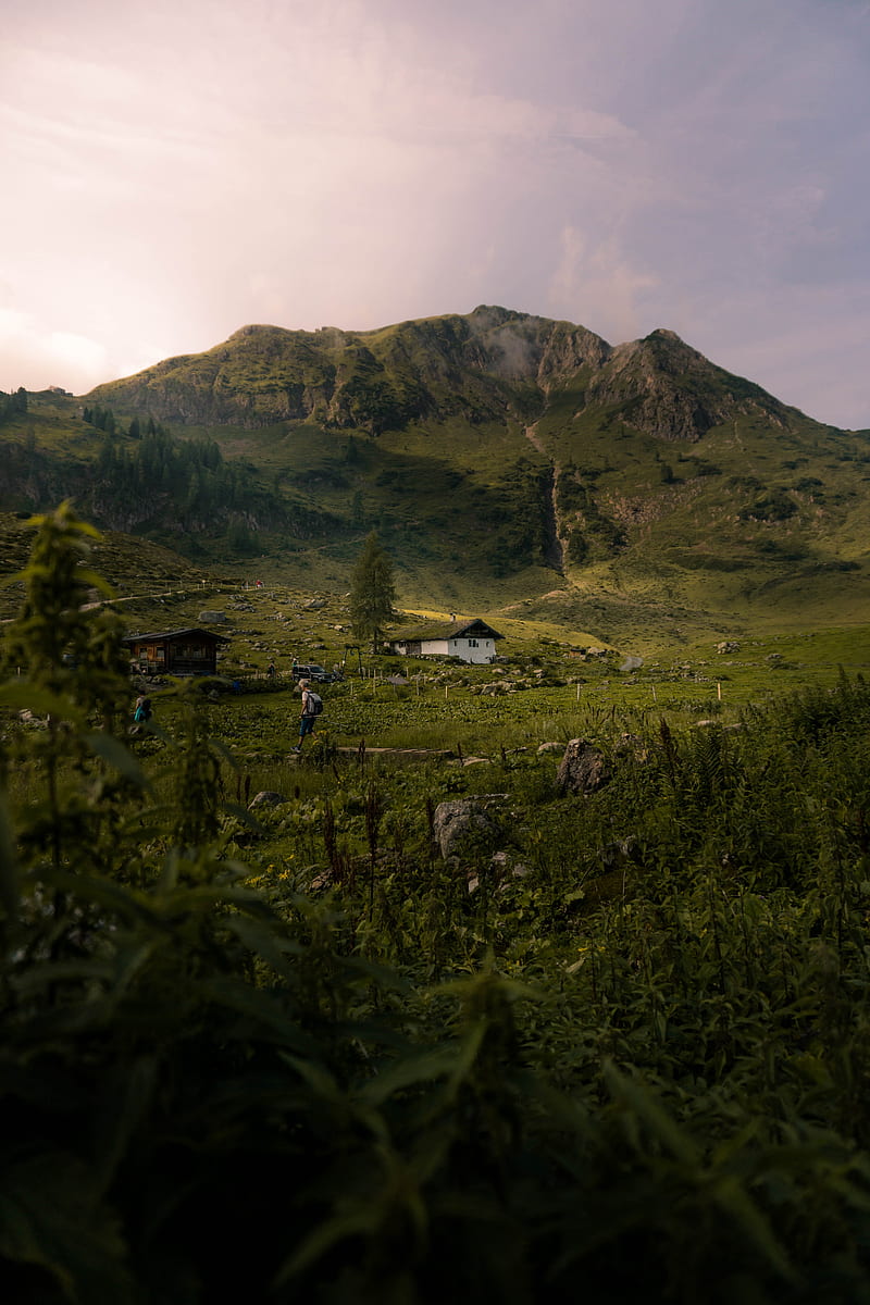 mountains, grass, house, hill, HD phone wallpaper