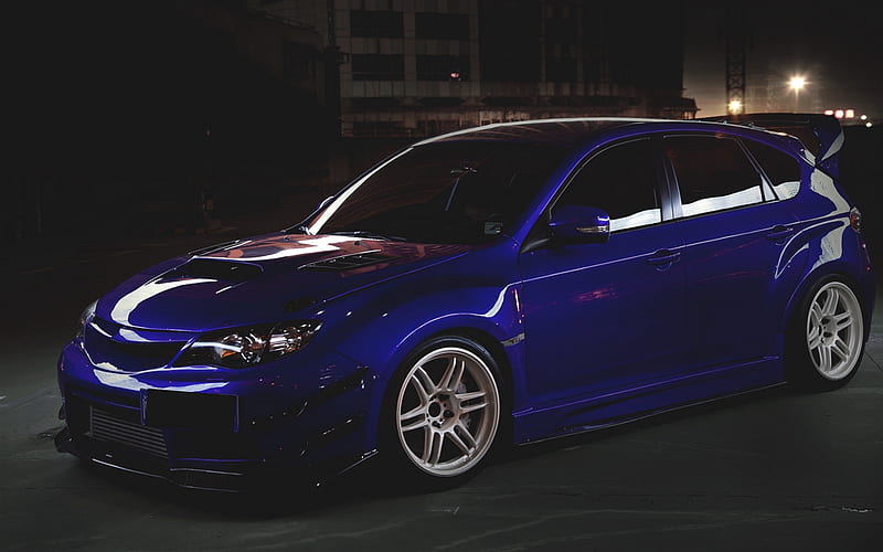 Subaru Impreza WRX STI, darkness, stance, blue Impreza, tuning, japanese cars, Impreza WRX STI, Subaru, HD wallpaper