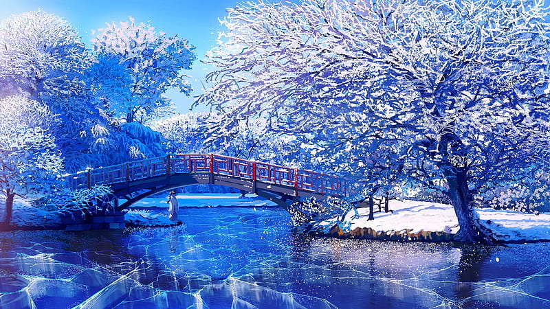 Winter fantasy, bonito, branches, winter, art, lake, fantasy, tree, snow, bridge, garden, ice, river, frost, HD wallpaper