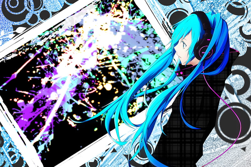 Hatsune Miku, pretty, bass, yellow, nice, anime, aqua, beauty, anime girl, vocaloids, art, twintail, black, miku, singer, abstract, aqua eyes, tv, cute, headset, hatsune, cool, purple, awesome, wire, base, white, idol, artistic, colorful, gray, headphones, bonito, program, painting, contrast, pink, vocaloid, music, colors, diva, television, microphone, song, girl, drawing, virtual, aqua hair, HD wallpaper