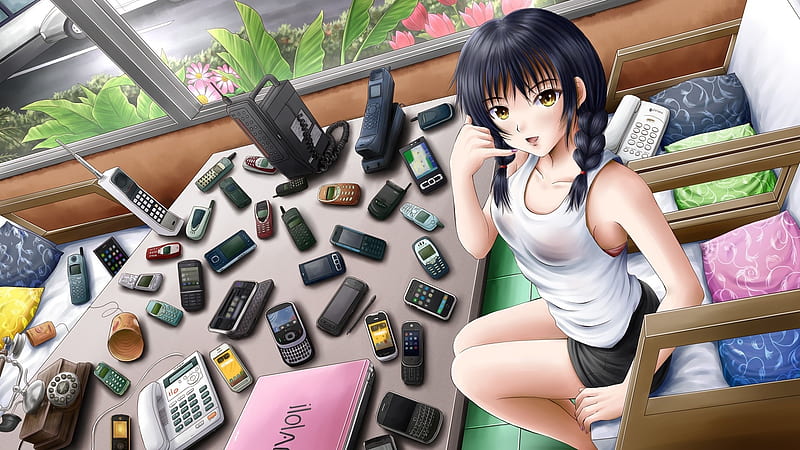 girl mobile phones-Anime, HD wallpaper