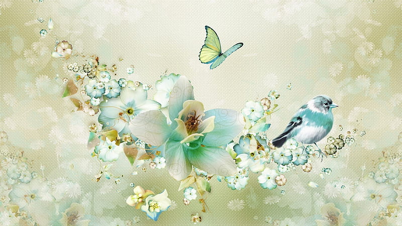 Springtime Collage, painting, flowers, butterflies, nice, bird, vintage, HD wallpaper