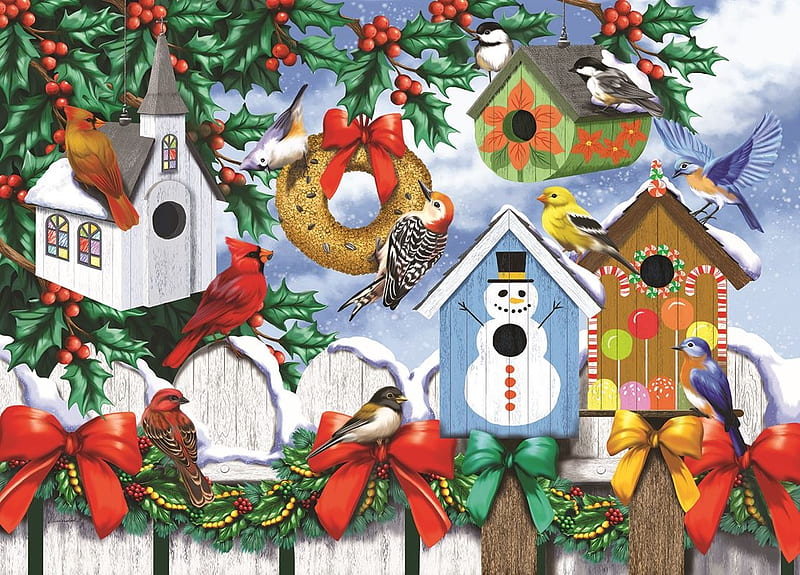 Christmas in the Back Yard, christmas, time, bird, houses, nirds, puzzle, ribbons, re, HD wallpaper