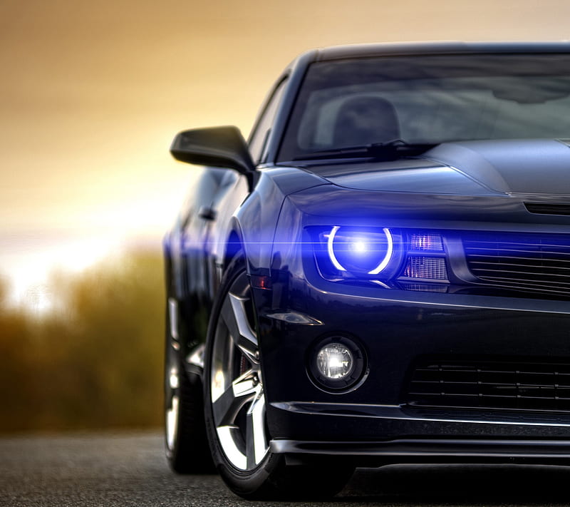 muscle car, awesome, car light, carros, cool, light, muscle cars, sunset, HD wallpaper
