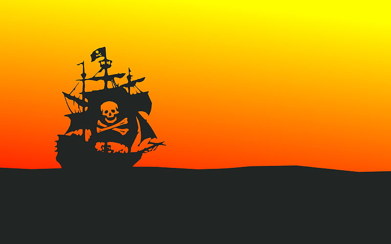 pirate ship skyline, pirates, minimal, creative, ship silhouette, ship on horizon, HD wallpaper