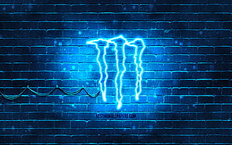 Monster Energy blue logo blue brickwall, Monster Energy logo, drinks brands, Monster Energy neon logo, Monster Energy, HD wallpaper