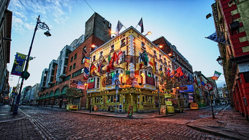 wonderful corner in old dublin, city, flags, bar, cobblestones, streets, HD wallpaper