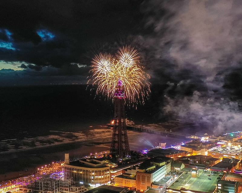 Blackpool tower , dji, drone, fireworks, night, sea, HD wallpaper