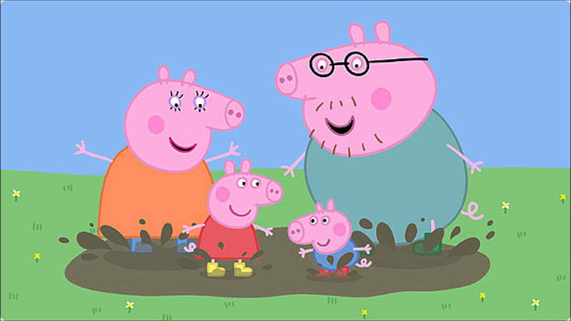 peppa pig george pig daddy pig mummy pig are playing on sludge anime, HD wallpaper