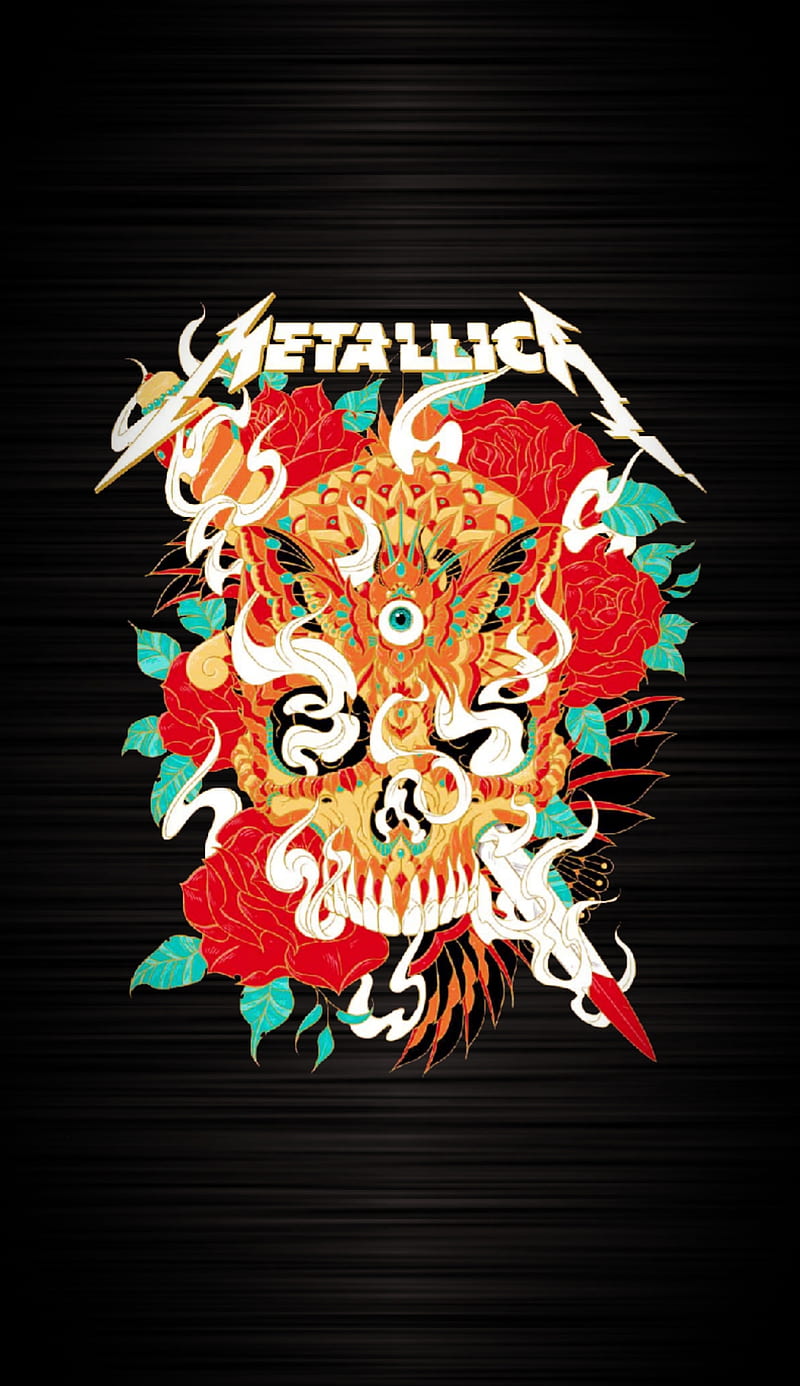 Metallica, butterfly, colorful, dagger, roses, skull, smoke, HD phone wallpaper