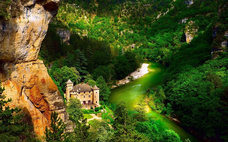 Canyon, Castles, River, , Castle, Lozère, Tarn River, Château De La Caze, Gorges Du Tarn, Languedoc Roussillon, HD wallpaper