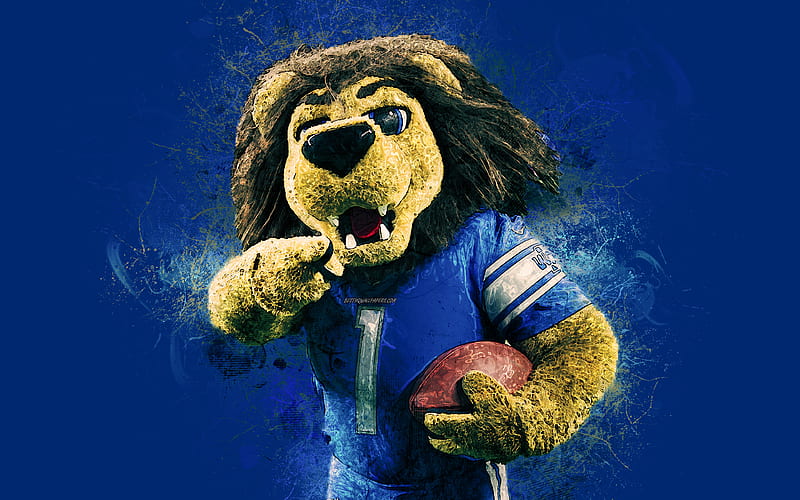 Roary, official mascot, Detroit Lions art, NFL, USA, grunge art, symbol, blue background, paint art, National Football League, NFL mascots, Detroit Lions mascot, HD wallpaper