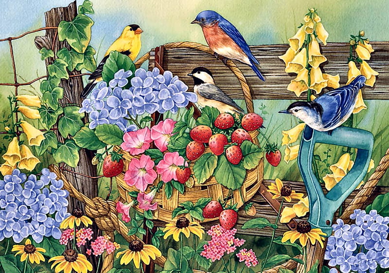 Summer Strawberries F2C, art, Nuthatch, Chickadee, artwork, animal, Bluebird, bird, Goldfinch, avian, painting, wide screen, wildlife, strawberries, HD wallpaper