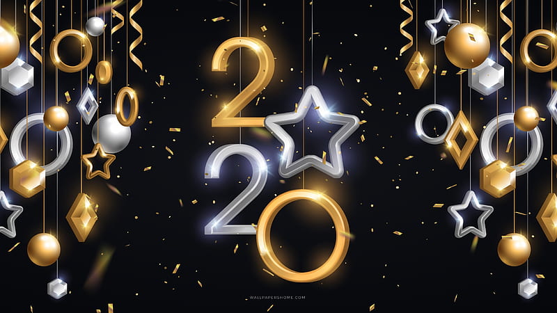 Happy New Year!, christmas, craciun, golden, 2020, black, new year, card, star, HD wallpaper
