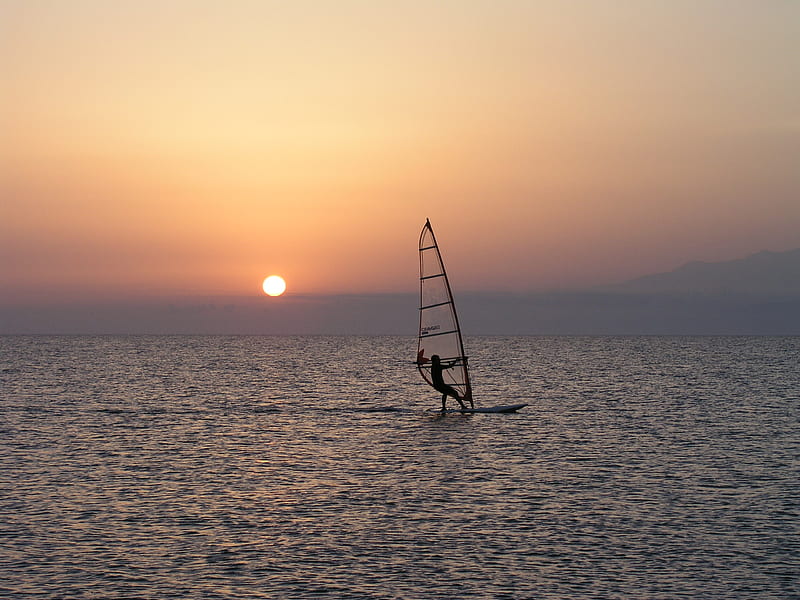 Windsurfing Cabo de Gata, windsurfing, sunset, cabo de gata, ocean, HD wallpaper