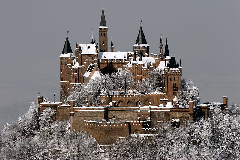 Hohenzollern Castle in Winter, architecture, hohenzollern, germany, snow, stuttgart, trees, castle, HD wallpaper