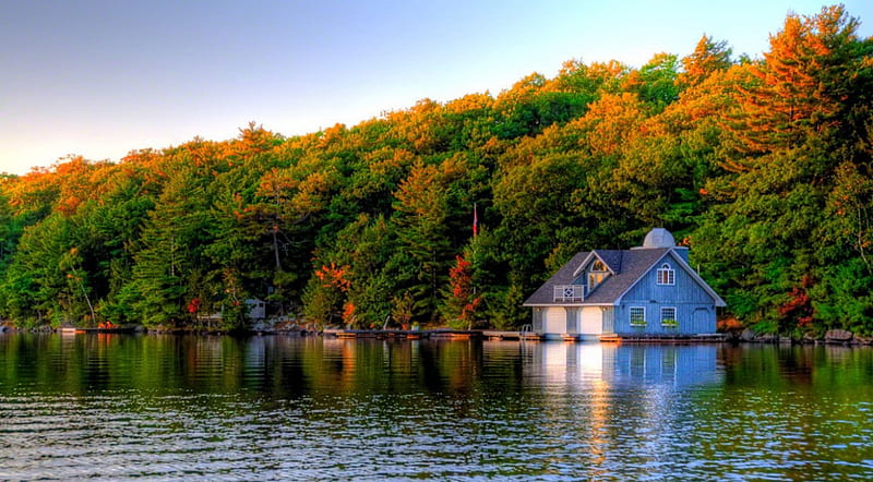 Boathouse, pretty, autumn, cottage, cabin, bonito, nice, calm, boats, bank, river, reflection, falls, lovely, boat house, sky, trees, lake, summer, nature, HD wallpaper
